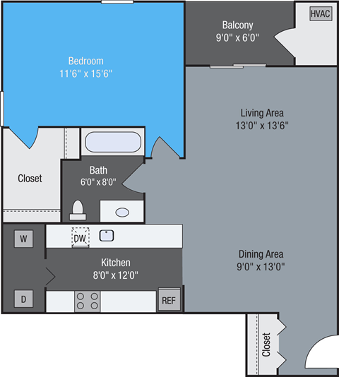 Floor plan for 1 bed, 1 bath, 855 sqft